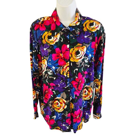 80s Jewel Bloom Floral Rayon Blouse S |Vintage Statement Top Hong Kong - Picture 6 of 10